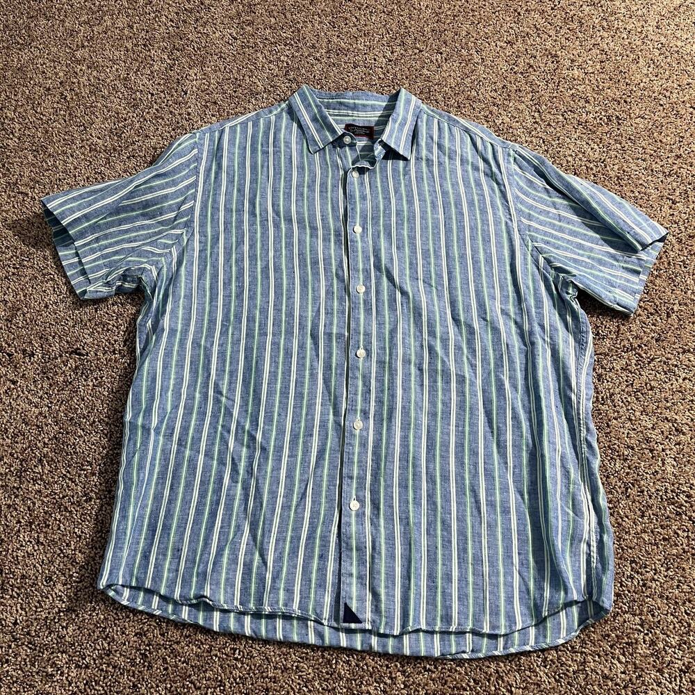 UNTUCKit Shirt Mens 2XL Blue Striped‎ Linen Short Sleeve Slim Francois 34529